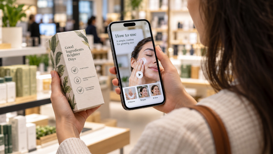 AR packaging experience showing skincare instructions on a smartphone.